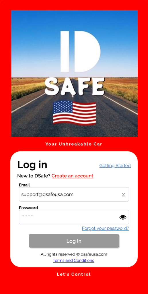 D Safe App login and account creation screen